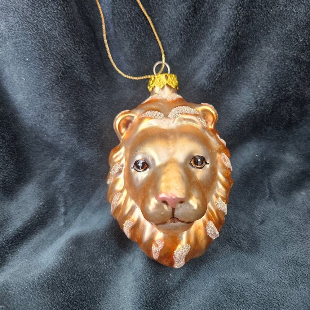 Majestic Lion Head Glass Christmas Ornament Glitter Gold Bronze Holiday Decor